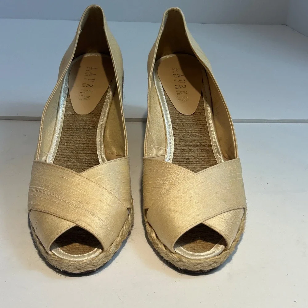Lauren‎ Ralph Lauren Cecilia Parchment Shantung Espadrille Wedges Gold 9B Spain